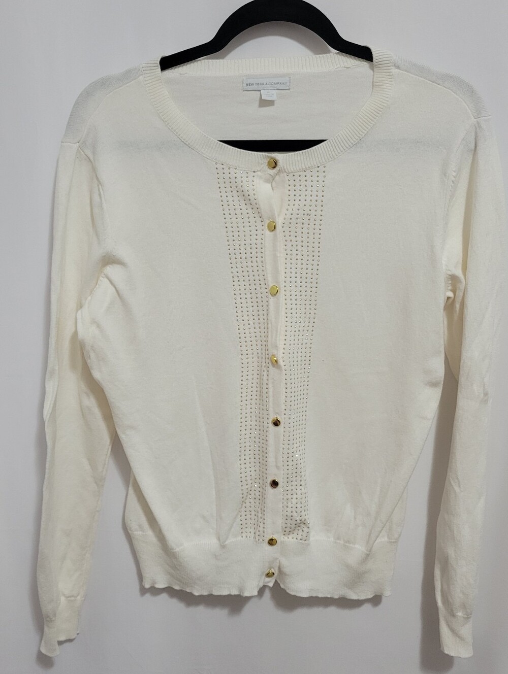 New York & Company White Button-Front Knit Cardigan with Gold Accents, Size XL